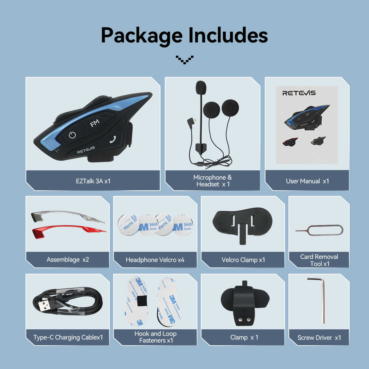 Retevis EZTalk 3A 1000m/1km Motorcycle Bluetooth Helmet Walkie Talkie